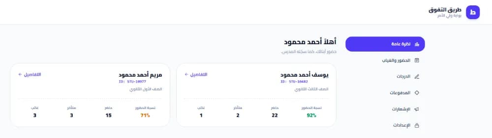 بوابة ولي الأمر على موقع مدرس في سناتر: كارت لكل ابن فيه اسمه وصفّه ونسبة حضوره وعدد مرات الحضور والتأخير والغياب، وقايمة فيها الحضور والغياب والدرجات والمدفوعات والإشعارات