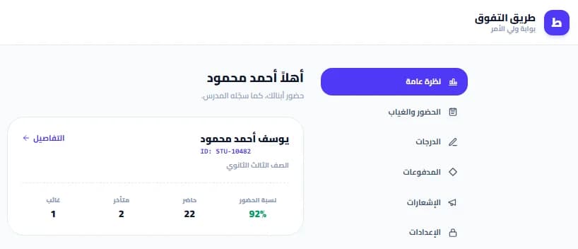 بوابة ولي الأمر على موقع مدرس على سناتر: ترحيب باسم ولي الأمر، وكارت لابنه فيه نسبة الحضور 92% وعدد مرات الحضور والتأخير والغياب، وقايمة فيها الحضور والغياب والدرجات والمدفوعات والإشعارات