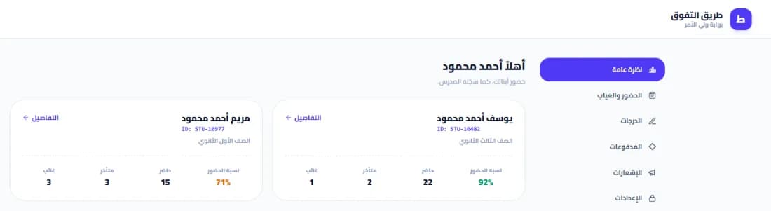 بوابة ولي الأمر على منصة مدرس في سناتر: ولي أمر عنده ابنين في الصف الأول والتالت الثانوي، ولكل واحد نسبة الحضور وعدد مرات الحضور والتأخير والغياب